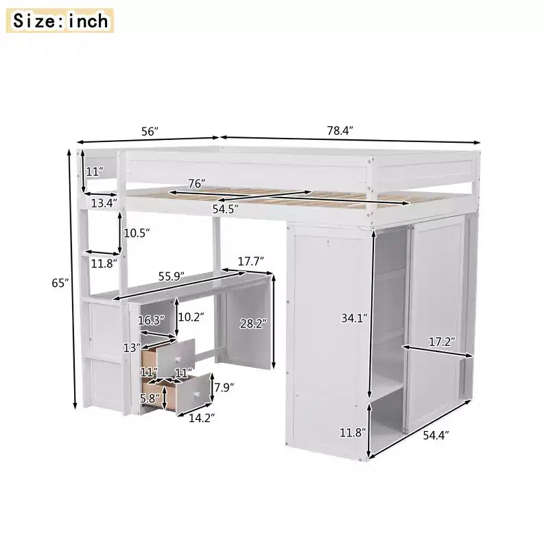 Lit mezzanine en bois avec armoires et bureau 2 tiroirs avec armoire-ModernLuxe