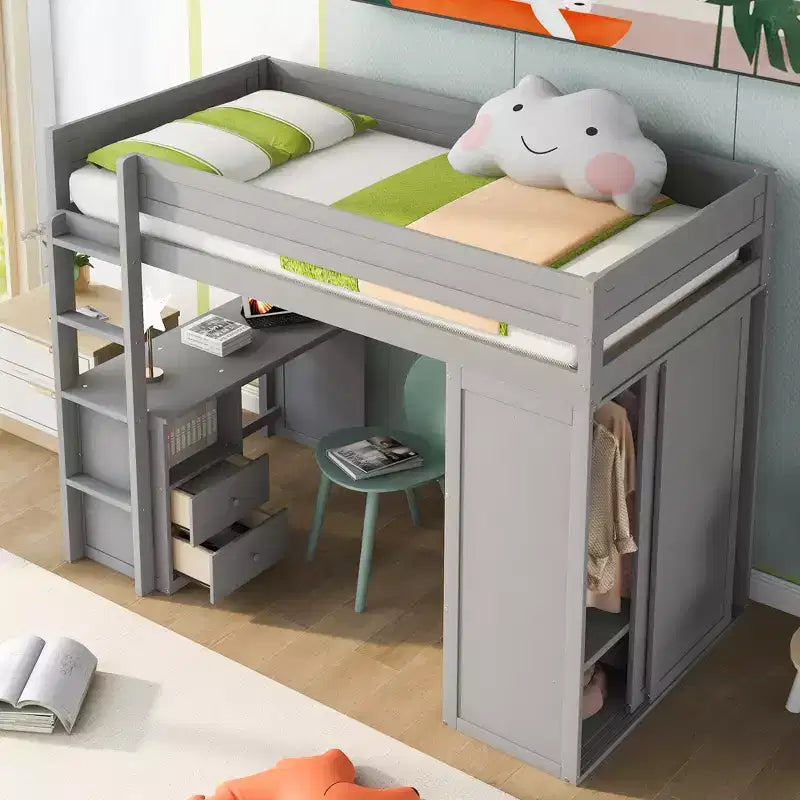 Lit mezzanine en bois avec armoires et bureau 2 tiroirs avec armoire-ModernLuxe