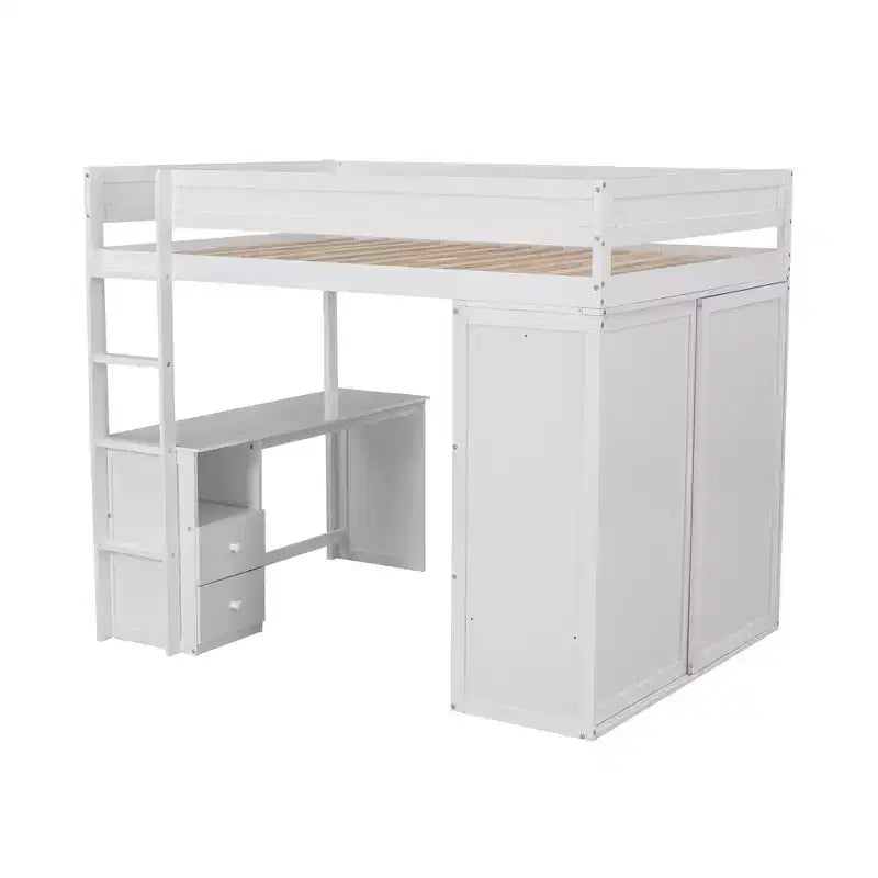 Lit mezzanine en bois avec armoires et bureau 2 tiroirs avec armoire-ModernLuxe