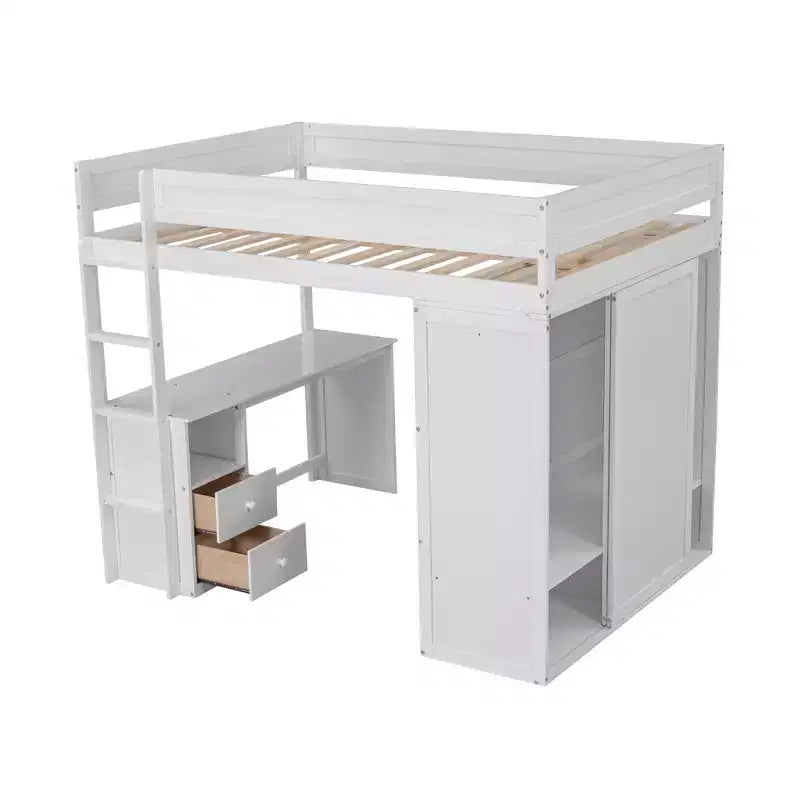 Lit mezzanine en bois avec armoires et bureau 2 tiroirs avec armoire-ModernLuxe