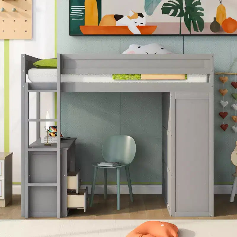 Lit mezzanine en bois avec armoires et bureau 2 tiroirs avec armoire-ModernLuxe