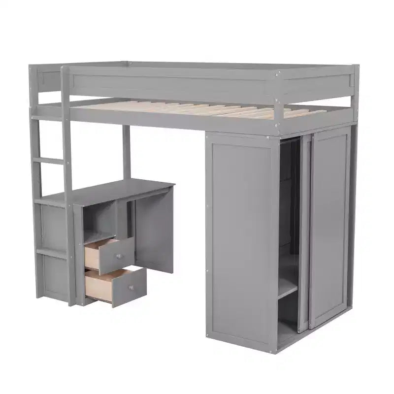 Lit mezzanine en bois avec armoires et bureau 2 tiroirs avec armoire-ModernLuxe