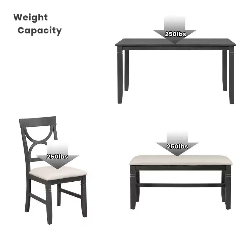 Ensemble de salle à manger en bois de ferme 6 pièces avec table et chaises rembourrées - ModernLuxe