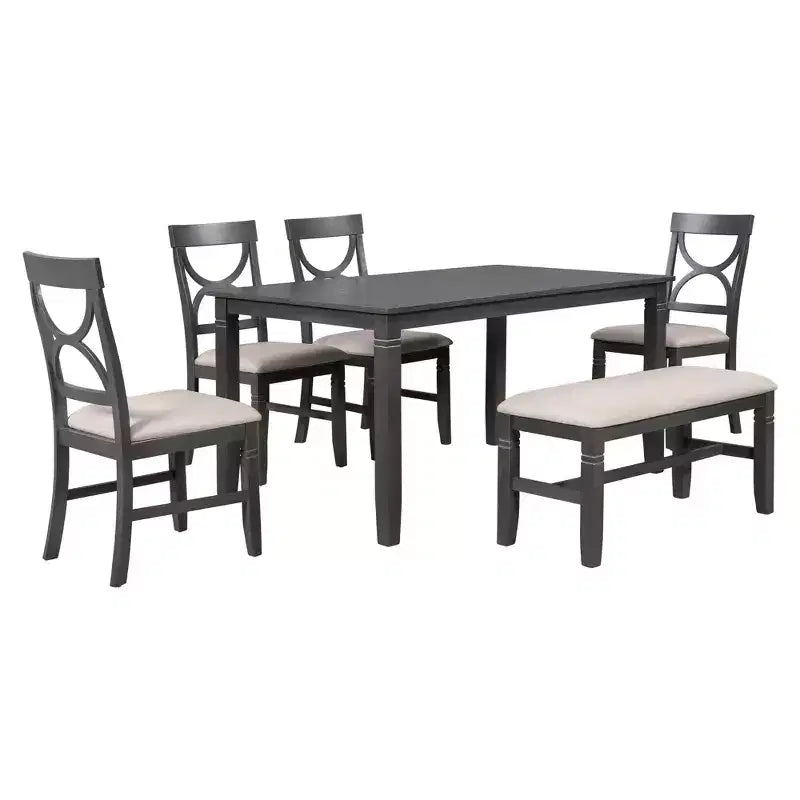Ensemble de salle à manger en bois de ferme 6 pièces avec table et chaises rembourrées - ModernLuxe