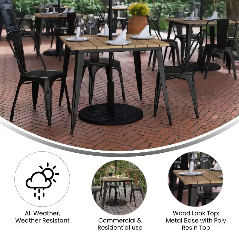 Table à manger Merrick Lane intérieure/extérieure avec trou pour parasol, plateau carré de 36 po en poly-résine toutes saisons et base en acier