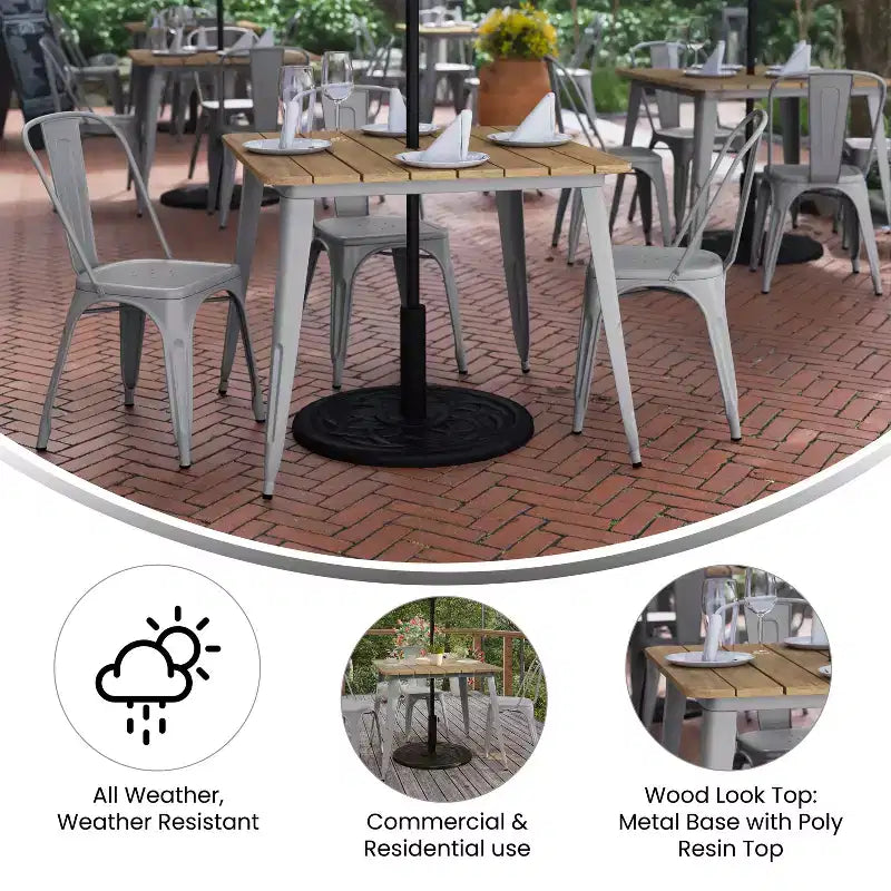 Table à manger Merrick Lane intérieure/extérieure avec trou pour parasol, plateau carré de 36 po en poly-résine toutes saisons et base en acier
