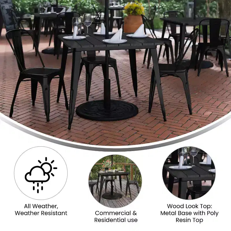 Table à manger Merrick Lane intérieure/extérieure avec trou pour parasol, plateau carré de 36 po en poly-résine toutes saisons et base en acier