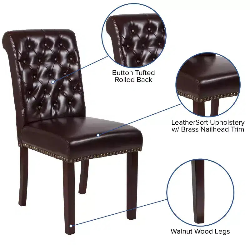 Emma et Oliver Lot de 2 Chaises de Salle à Manger Rembourrées à Dossier Roulé Parson's avec Rivets et Cadre Fini avec Patins en Plastique