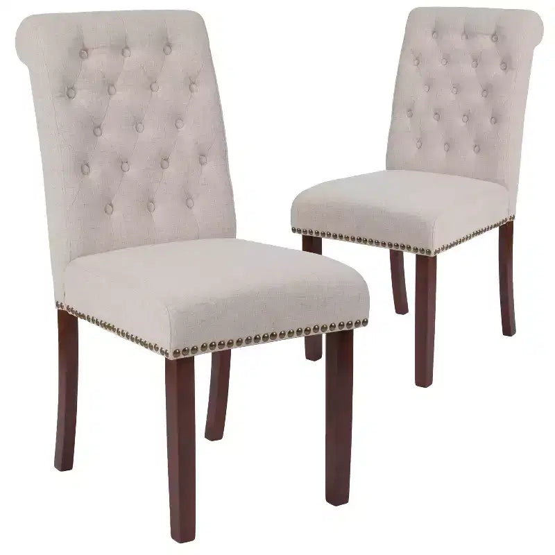 Emma and Oliver 2 PK Upholstered Rolled Back Parson's Chair with Nailhead Trim & Finished Frame with Plastic Floor Glides