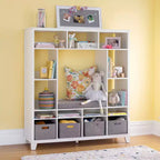 Étagère de rangement pour enfants Martha Stewart : Étagère à livres et organiseur de jouets en bois pour chambre d'enfant avec banc de lecture et bacs de rangement en tissu