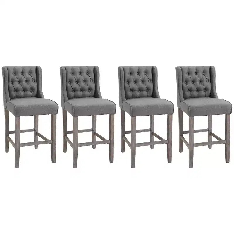 Tabourets de bar HOMCOM, chaises de salle à manger sans accoudoirs rembourrées à dossier capitonné avec pieds en bois d'hévéa, lot de 4, gris