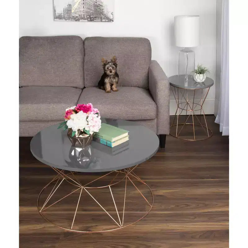 Table basse ronde Kate and Laurel Mendel, 30x30x17, gris et or rose