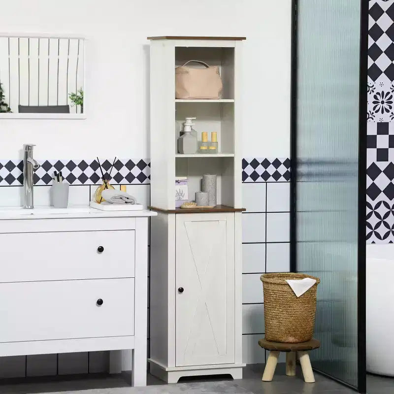 kleankin Meuble de rangement de salle de bain fin avec étagères ouvertes et placard, Colonne de salle de bain haute et étroite autoportante avec porte et étagères, Blanc