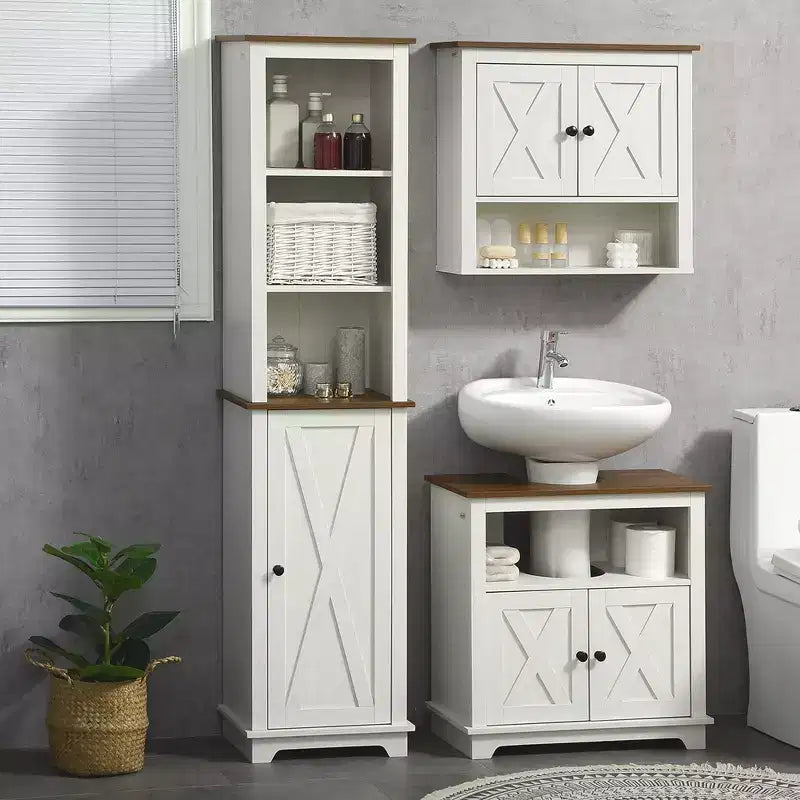 kleankin Meuble de rangement de salle de bain fin avec étagères ouvertes et placard, Colonne de salle de bain haute et étroite autoportante avec porte et étagères, Blanc