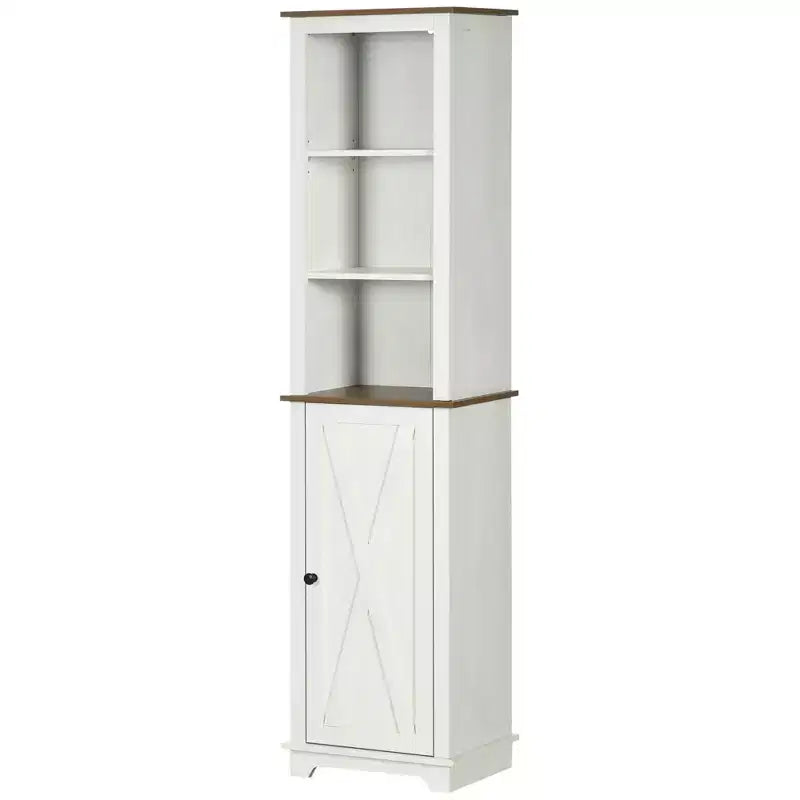 kleankin Meuble de rangement de salle de bain fin avec étagères ouvertes et placard, Colonne de salle de bain haute et étroite autoportante avec porte et étagères, Blanc