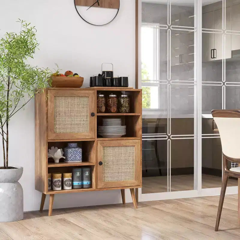 Buffet en rotin Costway, meuble d'appoint avec portes, casiers et étagères, pour bar à café