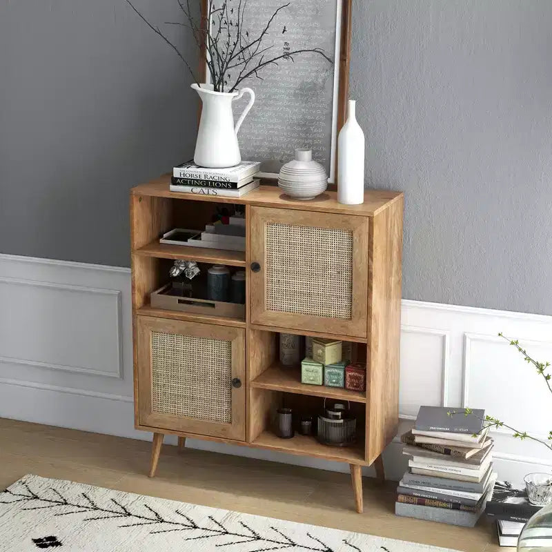 Buffet en rotin Costway, meuble d'appoint avec portes, casiers et étagères, pour bar à café