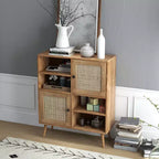 Buffet en rotin Costway, meuble d'appoint avec portes, casiers et étagères, pour bar à café