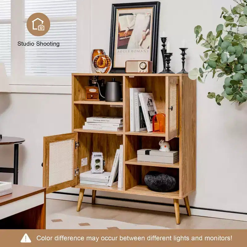Buffet en rotin Costway, meuble d'appoint avec portes, casiers et étagères, pour bar à café