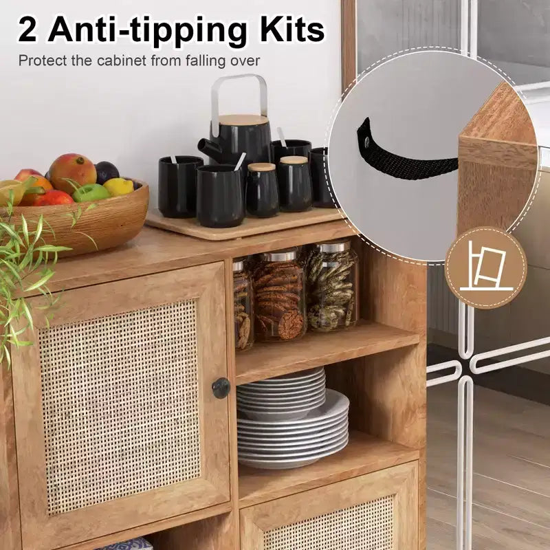 Buffet en rotin Costway, meuble d'appoint avec portes, casiers et étagères, pour bar à café