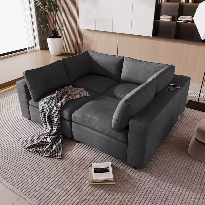 Canapé modulaire rembourré avec ports de charge USB, chargement sans fil et haut-parleur Bluetooth intégré-ModernLuxe