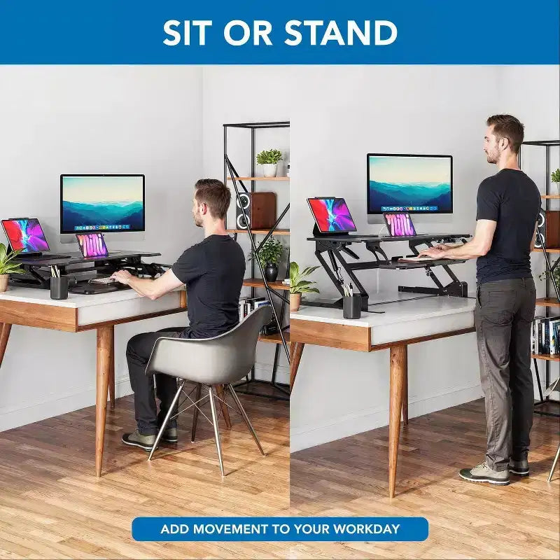 Mount-It! Convertisseur de bureau debout à hauteur réglable | Rehausseur de bureau debout de 96,5 cm de large avec ressort à gaz et plateau pour clavier pouvant accueillir deux moniteurs | Noir