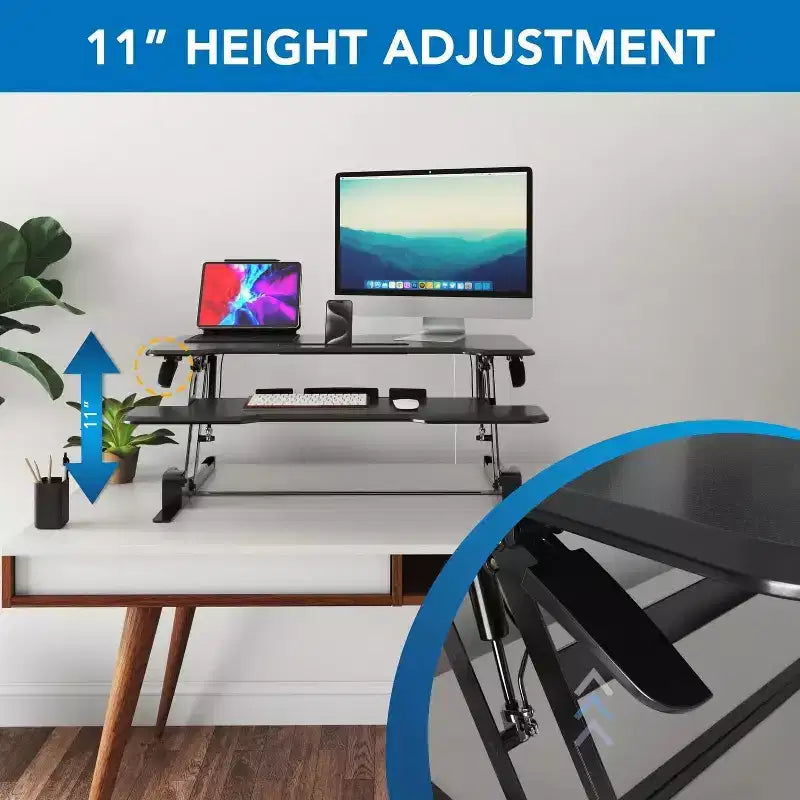 Mount-It! Convertisseur de bureau debout à hauteur réglable | Rehausseur de bureau debout de 96,5 cm de large avec ressort à gaz et plateau pour clavier pouvant accueillir deux moniteurs | Noir