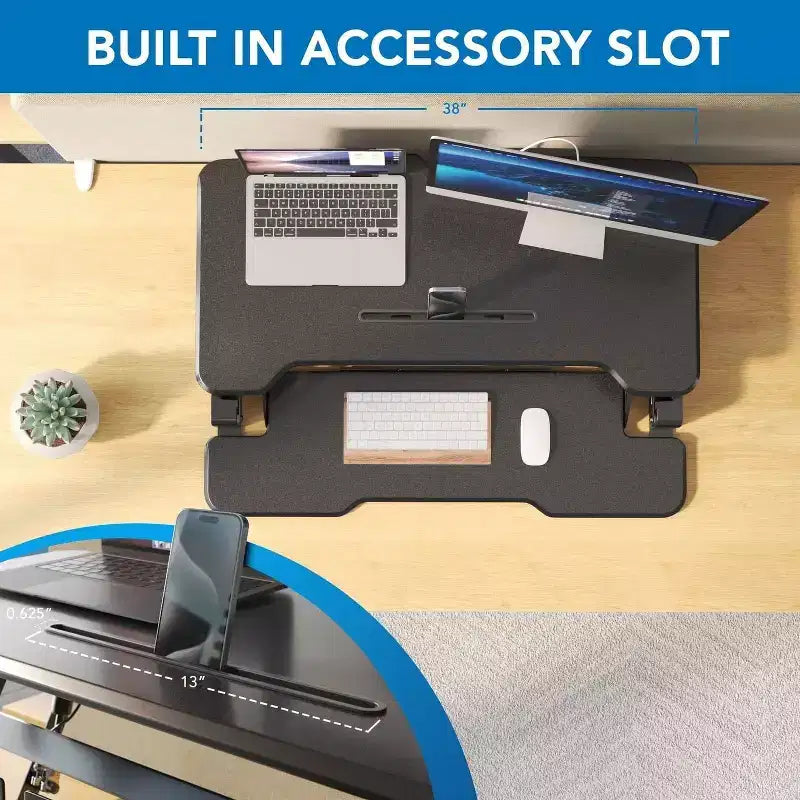Mount-It! Convertisseur de bureau debout à hauteur réglable | Rehausseur de bureau debout de 96,5 cm de large avec ressort à gaz et plateau pour clavier pouvant accueillir deux moniteurs | Noir