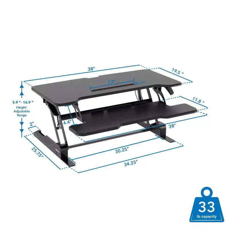 Mount-It! Convertisseur de bureau debout à hauteur réglable | Rehausseur de bureau debout de 96,5 cm de large avec ressort à gaz et plateau pour clavier pouvant accueillir deux moniteurs | Noir
