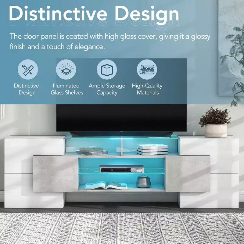 Meuble TV polyvalent pour téléviseurs jusqu'à 80 pouces avec 2 étagères en verre éclairées et lumières LED à changement de couleur - ModernLuxe