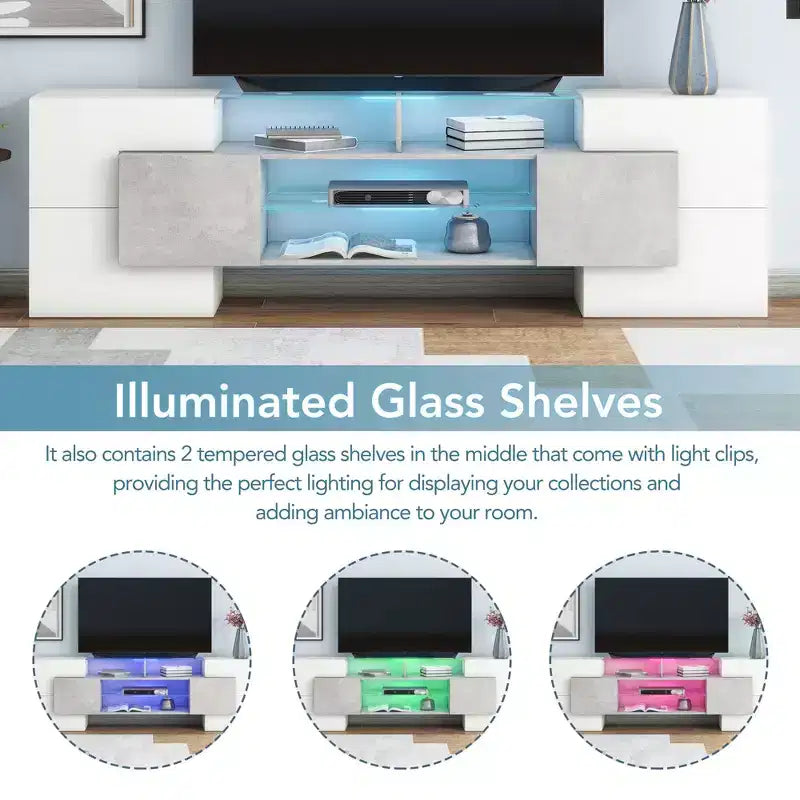 Meuble TV polyvalent pour téléviseurs jusqu'à 80 pouces avec 2 étagères en verre éclairées et lumières LED à changement de couleur - ModernLuxe