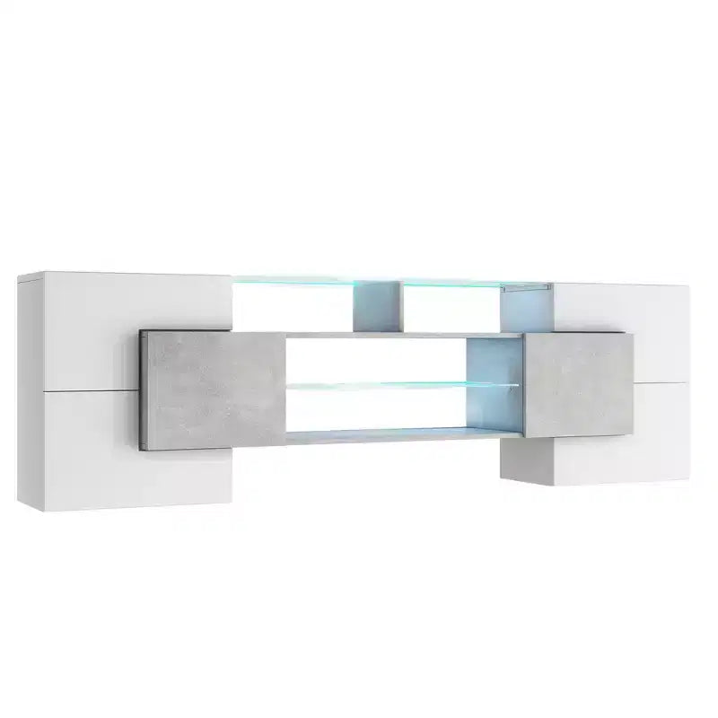 Meuble TV polyvalent pour téléviseurs jusqu'à 80 pouces avec 2 étagères en verre éclairées et lumières LED à changement de couleur - ModernLuxe