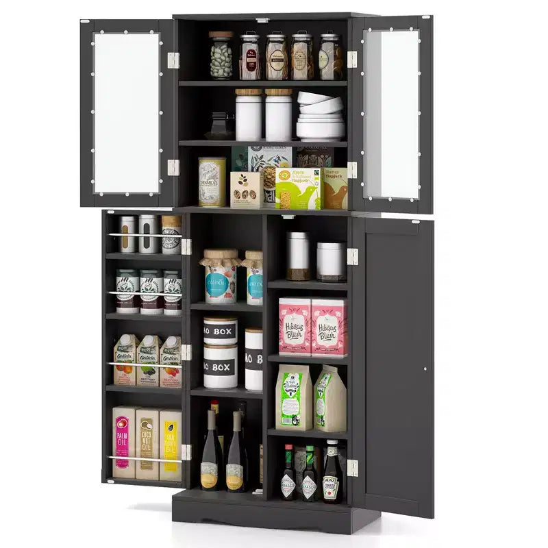 Costway Meuble de Rangement de Cuisine Haut de 161,3 cm avec Porte en Verre, Étagères de Rangement Noir/Blanc