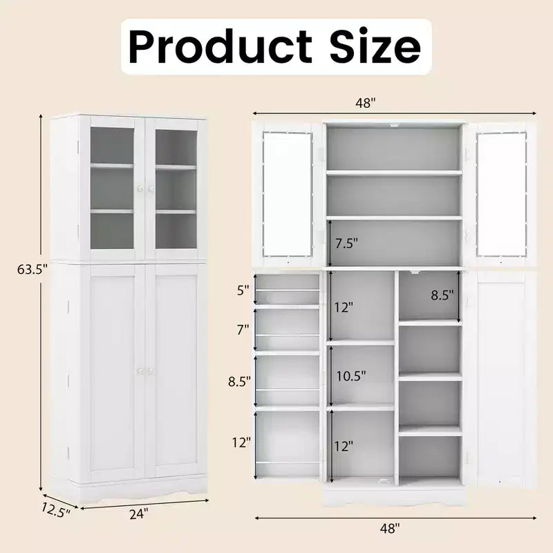 Costway Meuble de Rangement de Cuisine Haut de 161,3 cm avec Porte en Verre, Étagères de Rangement Noir/Blanc