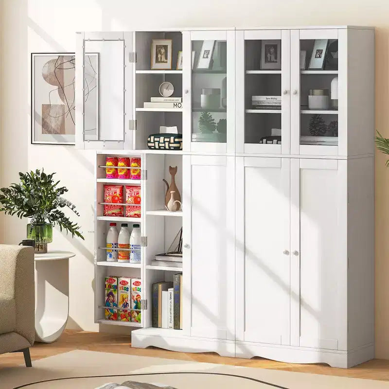Costway Meuble de Rangement de Cuisine Haut de 161,3 cm avec Porte en Verre, Étagères de Rangement Noir/Blanc