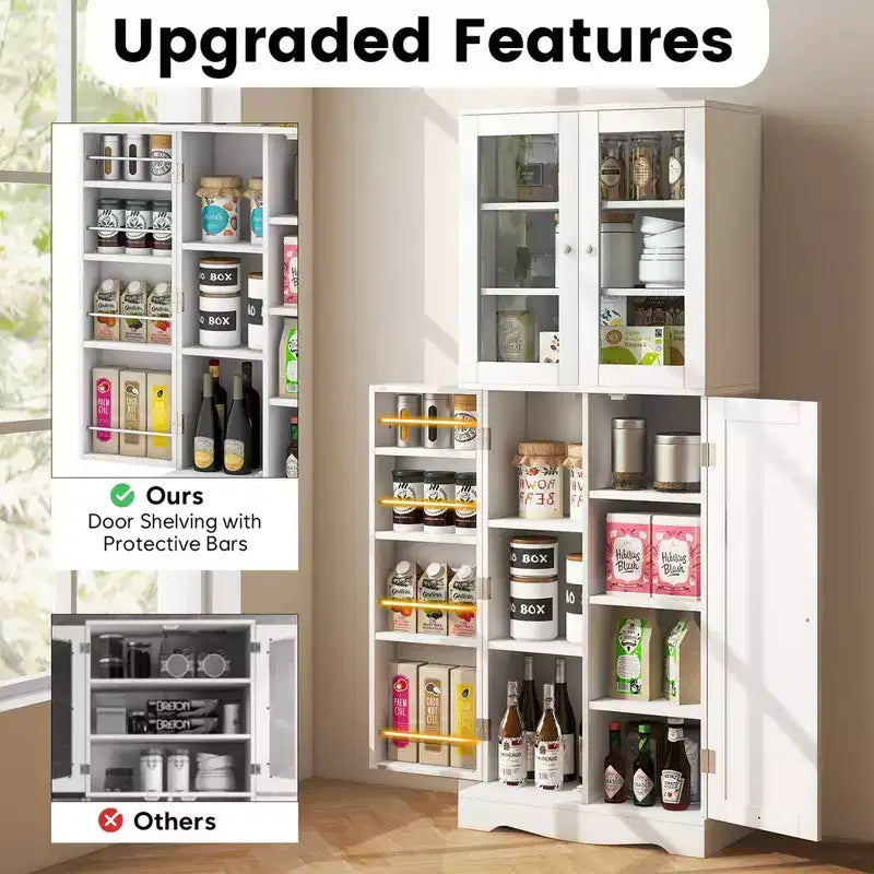 Costway Meuble de Rangement de Cuisine Haut de 161,3 cm avec Porte en Verre, Étagères de Rangement Noir/Blanc