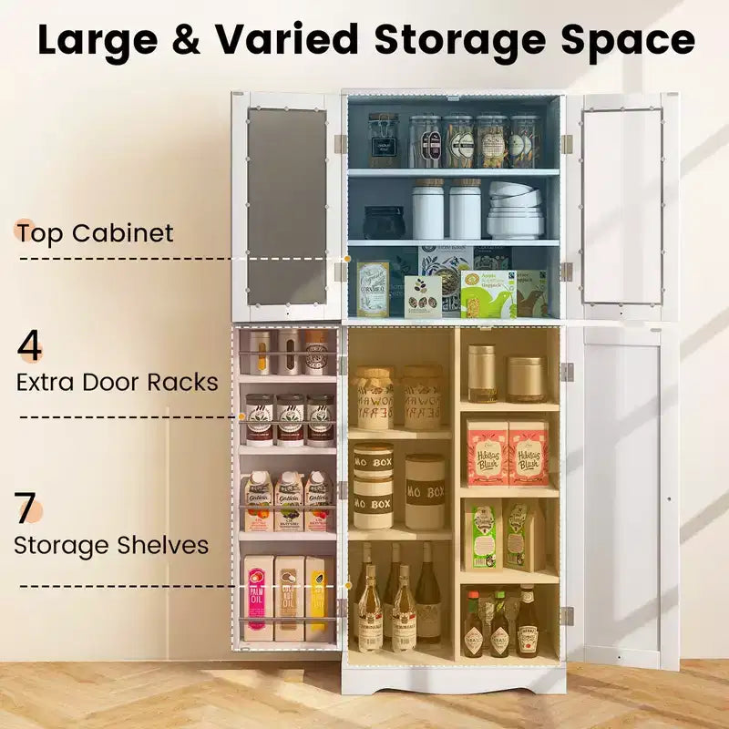 Costway Meuble de Rangement de Cuisine Haut de 161,3 cm avec Porte en Verre, Étagères de Rangement Noir/Blanc