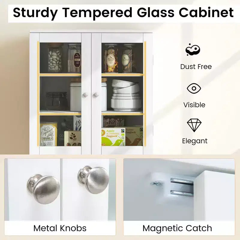 Costway Meuble de Rangement de Cuisine Haut de 161,3 cm avec Porte en Verre, Étagères de Rangement Noir/Blanc