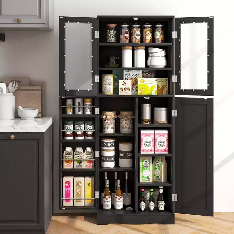 Costway Meuble de Rangement de Cuisine Haut de 161,3 cm avec Porte en Verre, Étagères de Rangement Noir/Blanc
