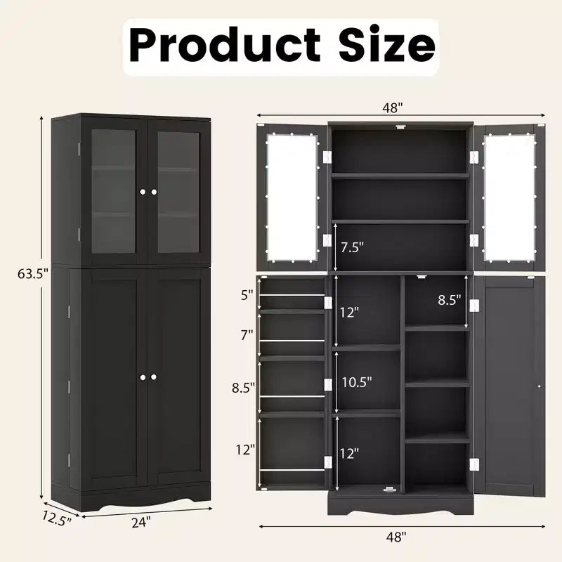 Costway Meuble de Rangement de Cuisine Haut de 161,3 cm avec Porte en Verre, Étagères de Rangement Noir/Blanc