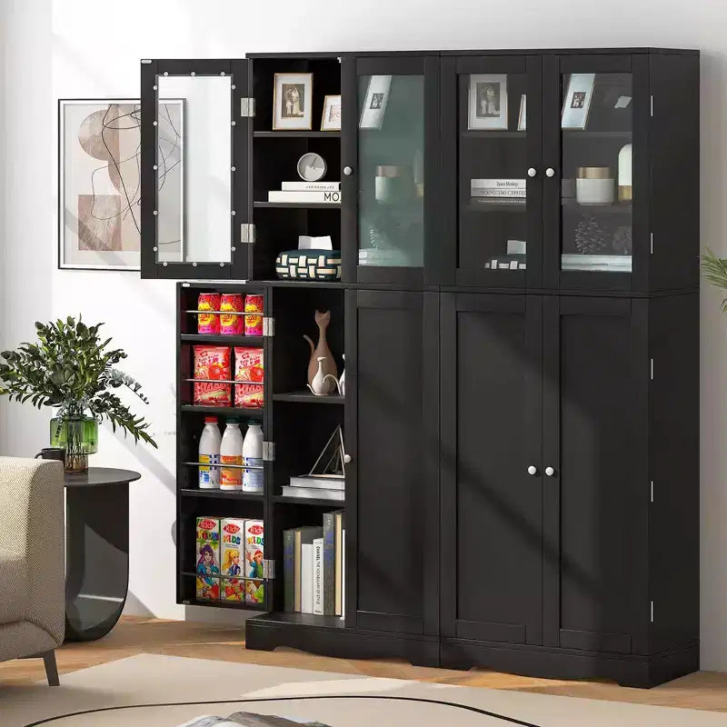 Costway Meuble de Rangement de Cuisine Haut de 161,3 cm avec Porte en Verre, Étagères de Rangement Noir/Blanc