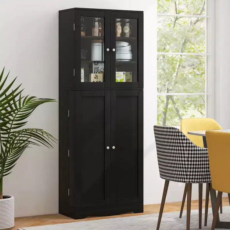 Costway Meuble de Rangement de Cuisine Haut de 161,3 cm avec Porte en Verre, Étagères de Rangement Noir/Blanc