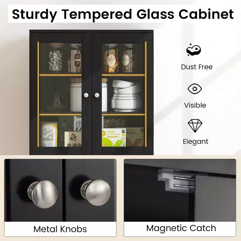 Costway Meuble de Rangement de Cuisine Haut de 161,3 cm avec Porte en Verre, Étagères de Rangement Noir/Blanc