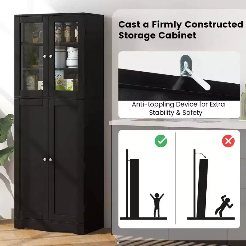 Costway Meuble de Rangement de Cuisine Haut de 161,3 cm avec Porte en Verre, Étagères de Rangement Noir/Blanc