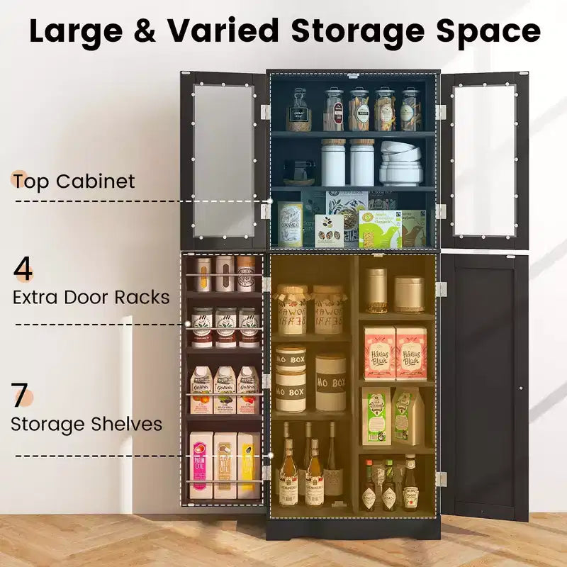 Costway Meuble de Rangement de Cuisine Haut de 161,3 cm avec Porte en Verre, Étagères de Rangement Noir/Blanc