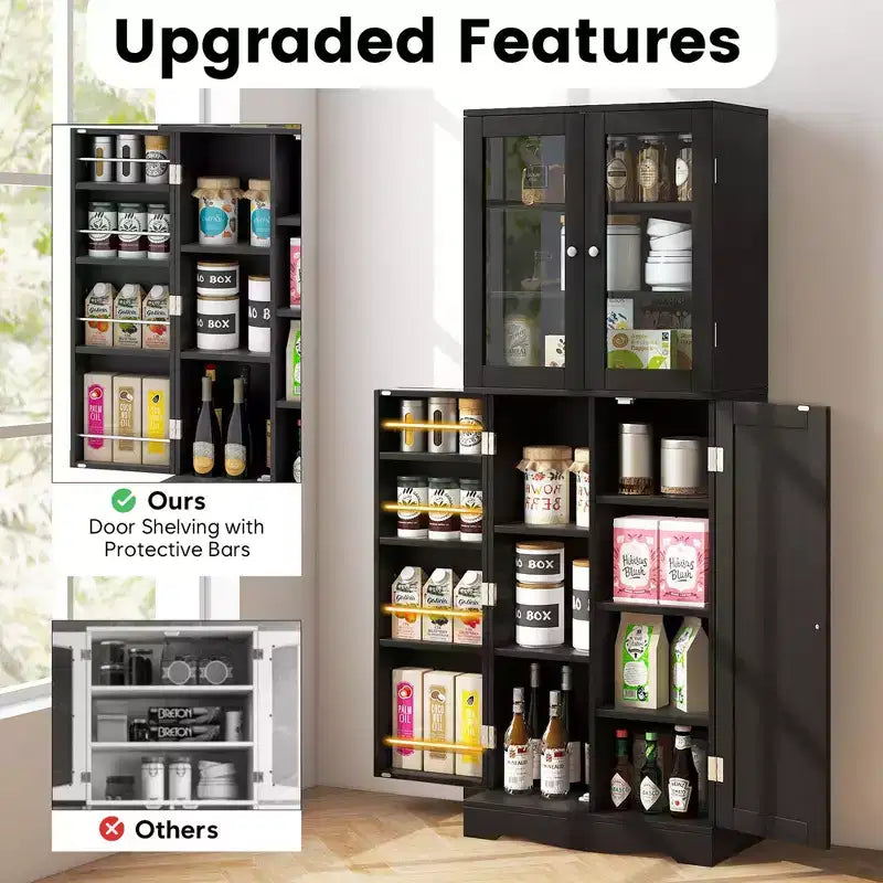 Costway Meuble de Rangement de Cuisine Haut de 161,3 cm avec Porte en Verre, Étagères de Rangement Noir/Blanc