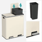 SONGMICS Poubelle double, 60L en acier inoxydable, Amande