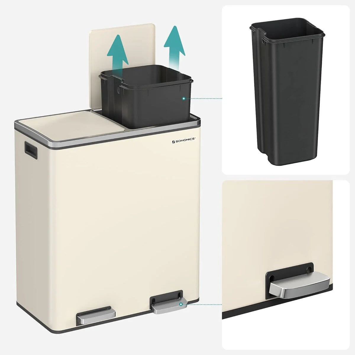 SONGMICS Poubelle double, 60L en acier inoxydable, Amande
