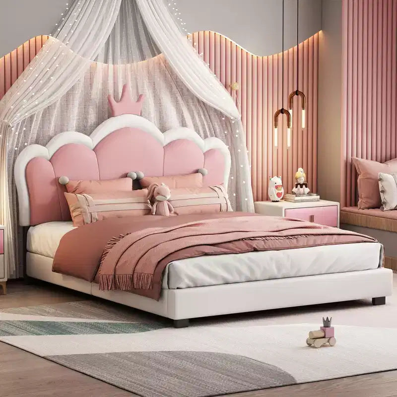 Lit plateforme pleine/double, cadre de lit de princesse rembourré avec tête de lit en forme de couronne - ModernLuxe