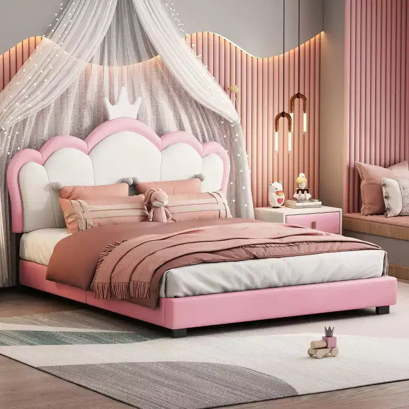 Lit plateforme pleine/double, cadre de lit de princesse rembourré avec tête de lit en forme de couronne - ModernLuxe